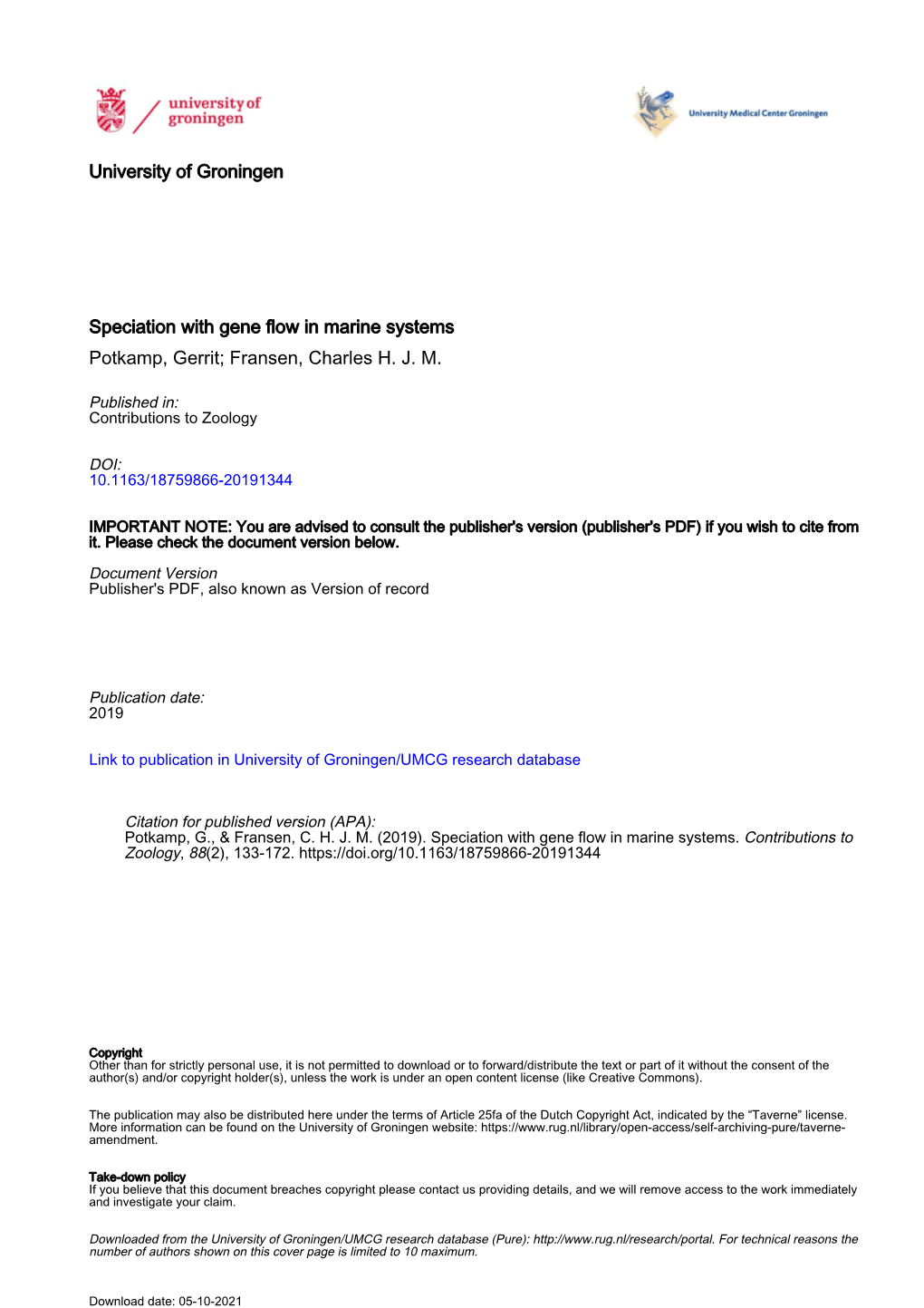 Speciation with Gene Flow in Marine Systems Potkamp, Gerrit; Fransen, Charles H