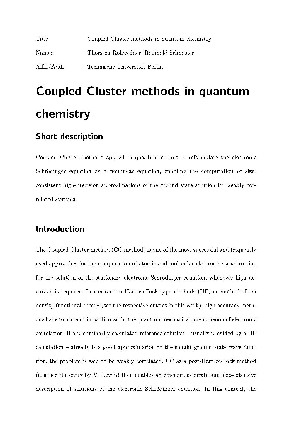 Coupled Cluster Methods in Quantum Chemistry