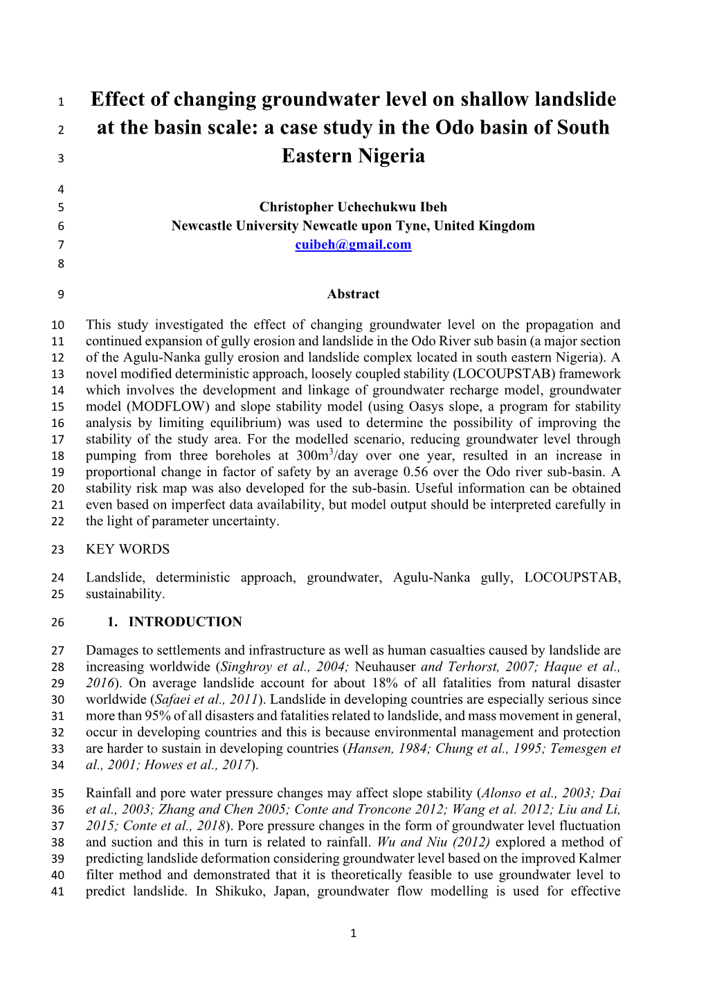 Effect of Changing Groundwater Level on Shallow Landslide 2 at the Basin Scale: a Case Study in the Odo Basin of South 3 Eastern Nigeria