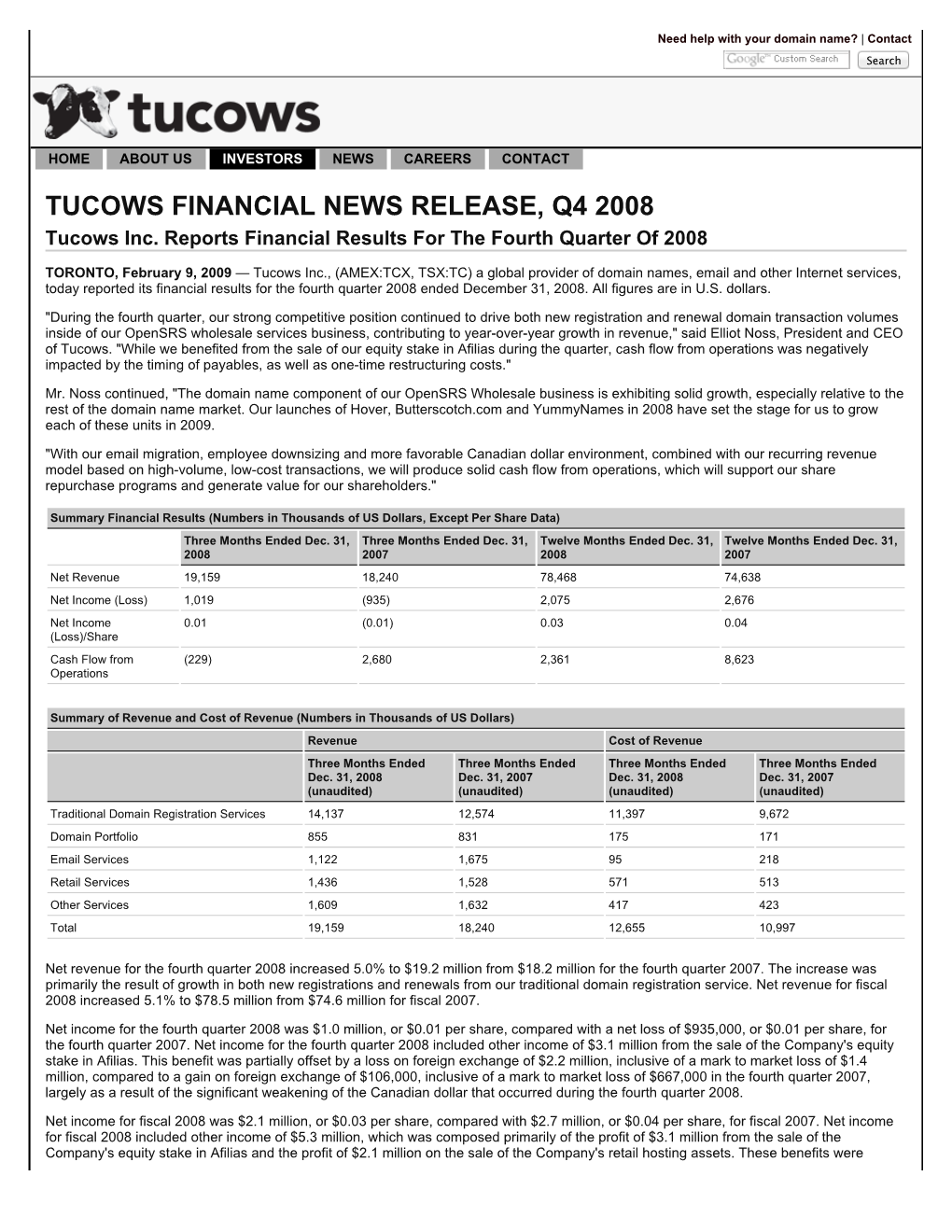 Tucows Inc. » Investors » Quarterly Financials » Q4 2008