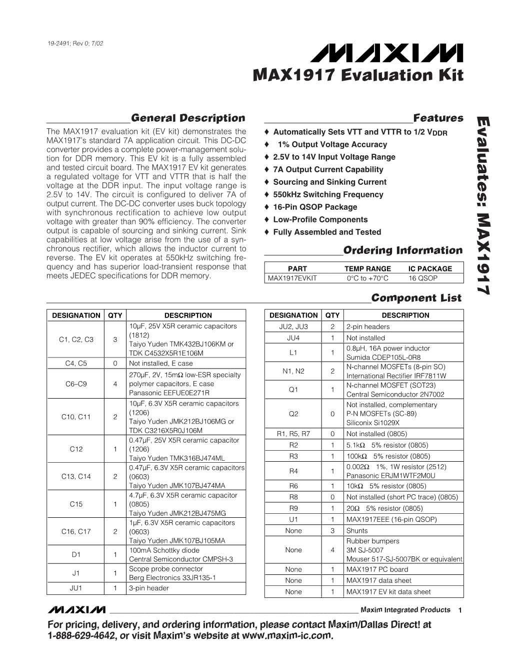 MAX1917 Evaluation Kit