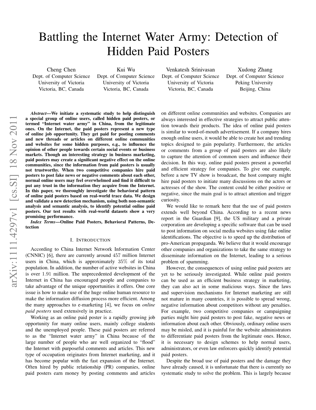 Battling the Internet Water Army: Detection of Hidden Paid Posters