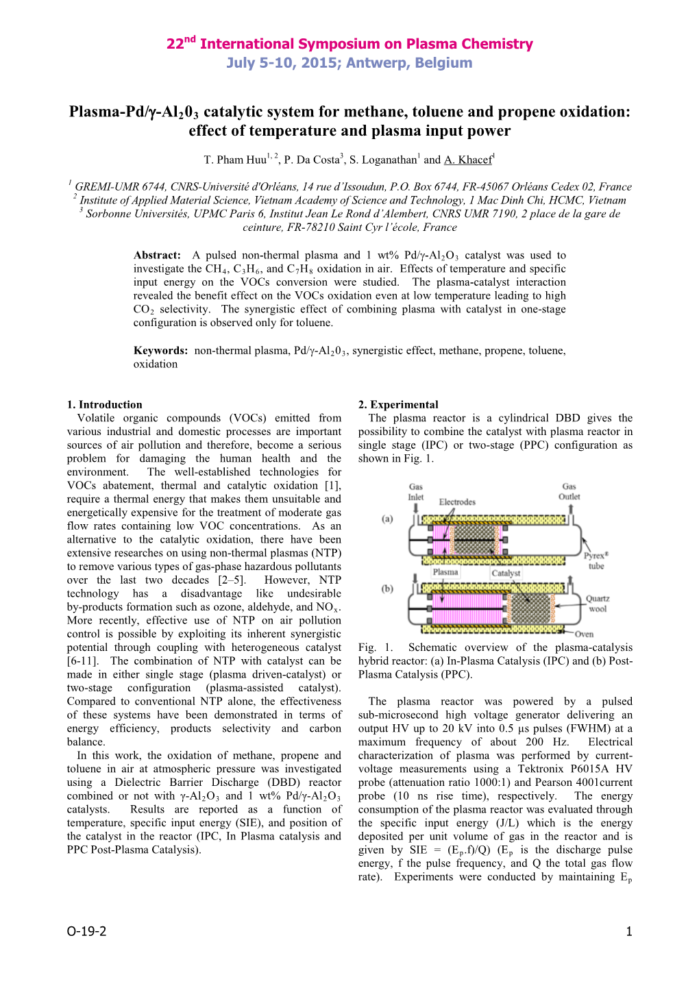 Plasma-Pd/Γ-Al203 Catalytic System for Methane, Toluene and Propene Oxidation: Effect of Temperature and Plasma Input Power