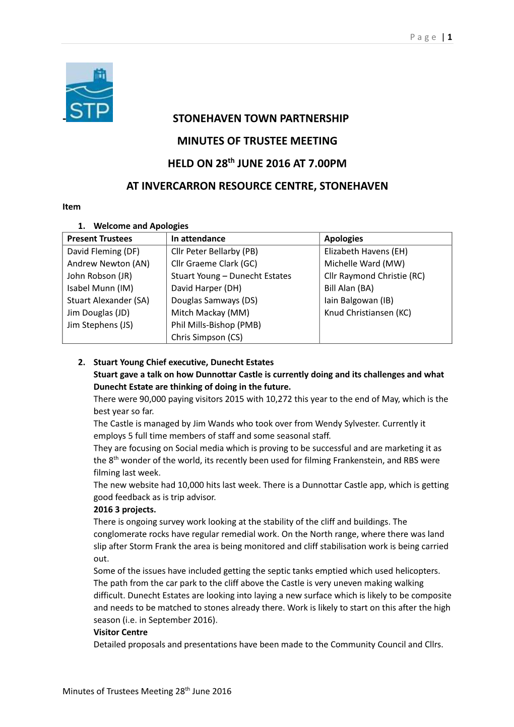 STONEHAVEN TOWN PARTNERSHIP MINUTES of TRUSTEE MEETING HELD on 28Th JUNE 2016 at 7.00PM at INVERCARRON RESOURCE CENTRE, STONEHAVEN