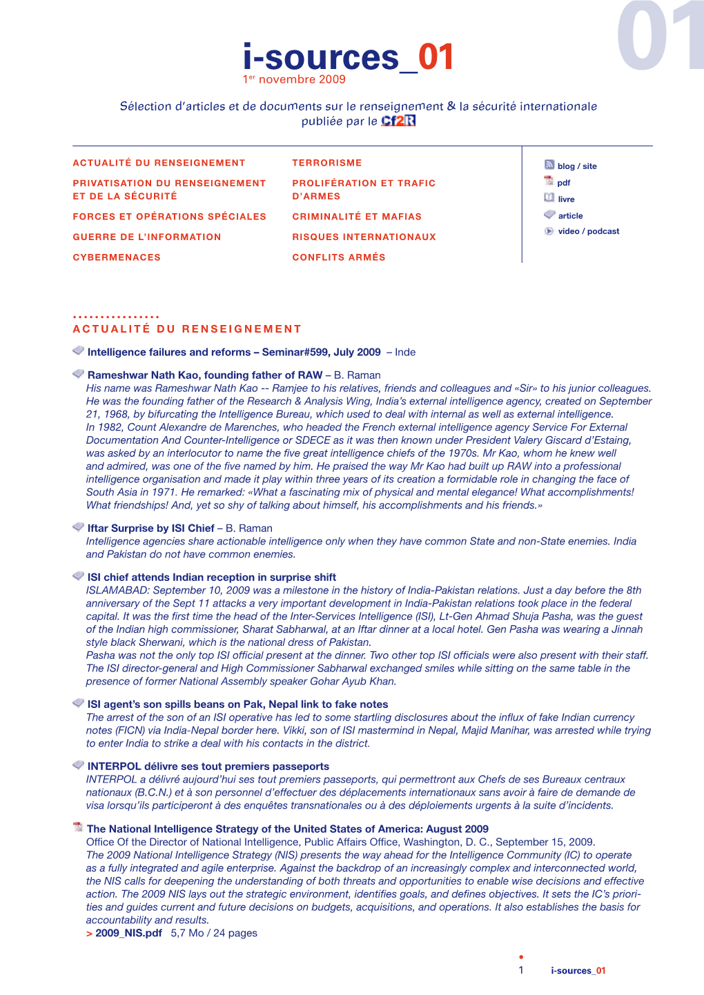 I-Sources 01 1Er Novembre 2009 01 Sélection D’Articles Et De Documents Sur Le Renseignement & La Sécurité Internationale Publiée Par Le