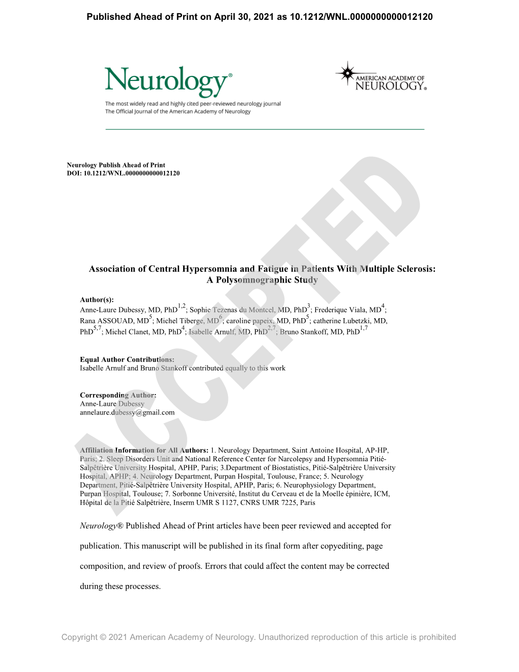 Association of Central Hypersomnia and Fatigue in Patients with Multiple Sclerosis: a Polysomnographic Study