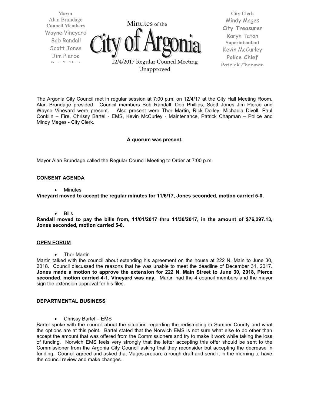 Argonia City Council Minutes