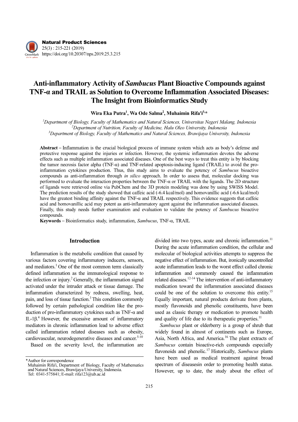 Anti-Inflammatory Activity of Sambucus Plant Bioactive