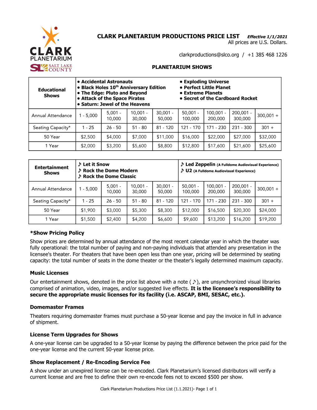 Clark Planetarium Productions Price List​