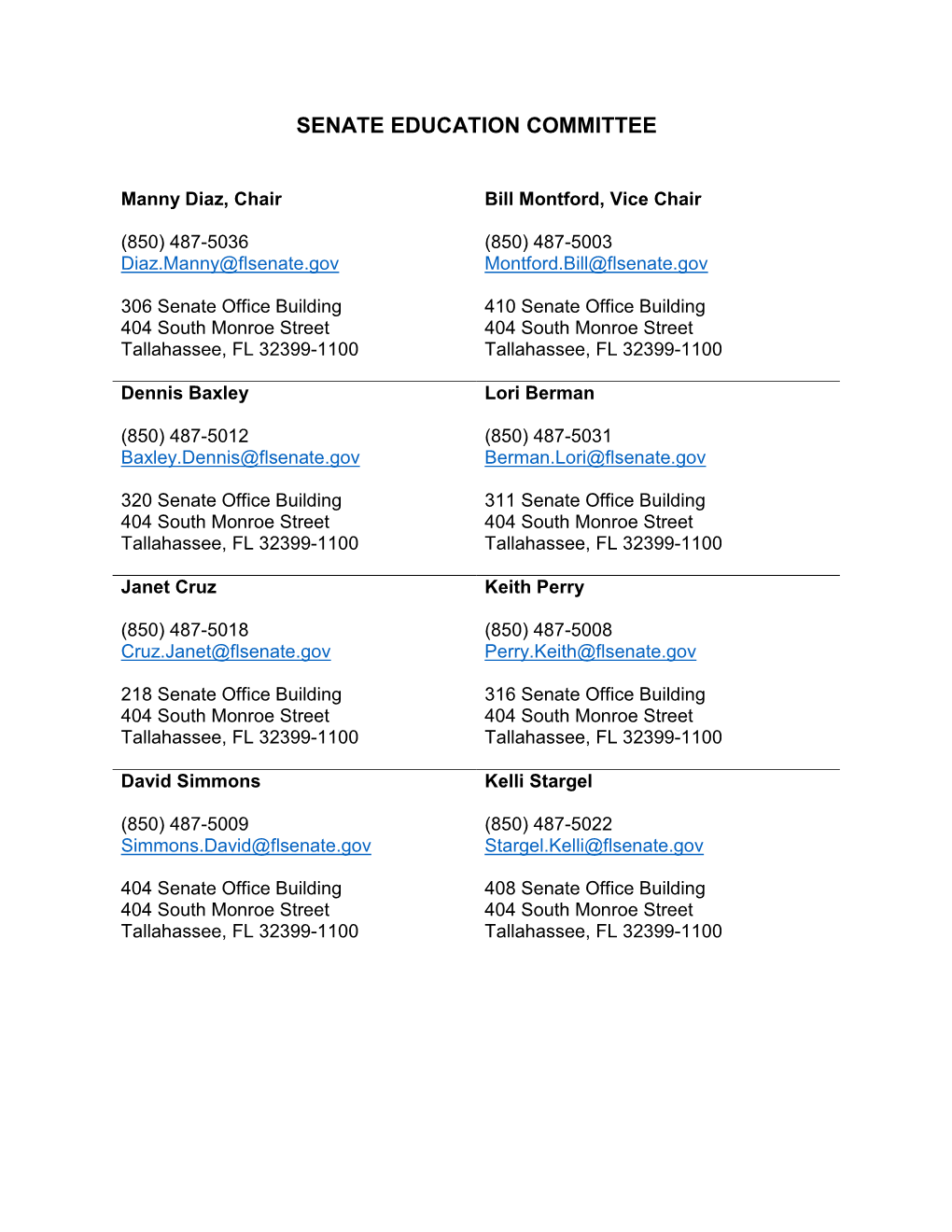 Senate Education Committees Member Contact List