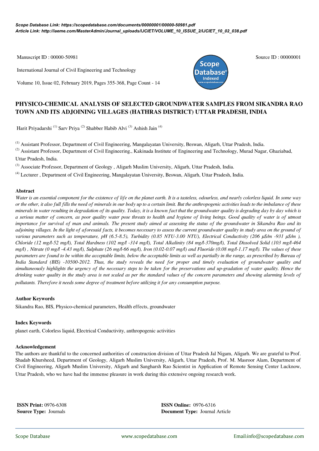 Physico-Chemical Analysis of Selected Groundwater Samples from Sikandra Rao Town and Its Adjoining Villages (Hathras District) Uttar Pradesh, India