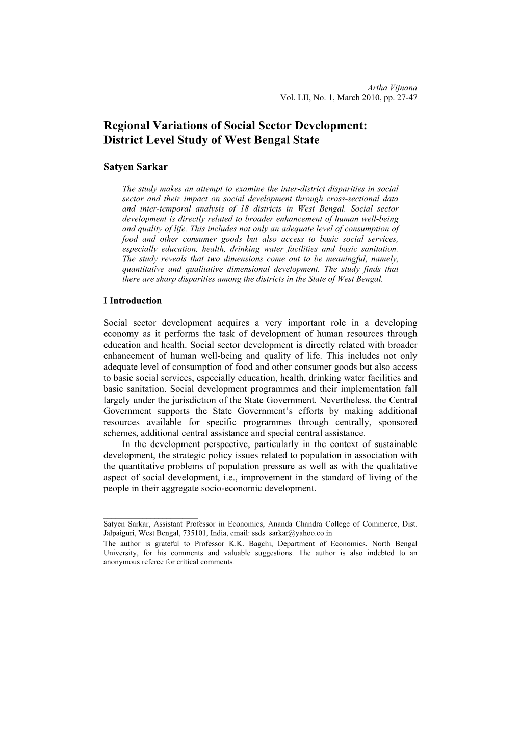 Regional Variations of Social Sector Development: District Level Study of West Bengal State