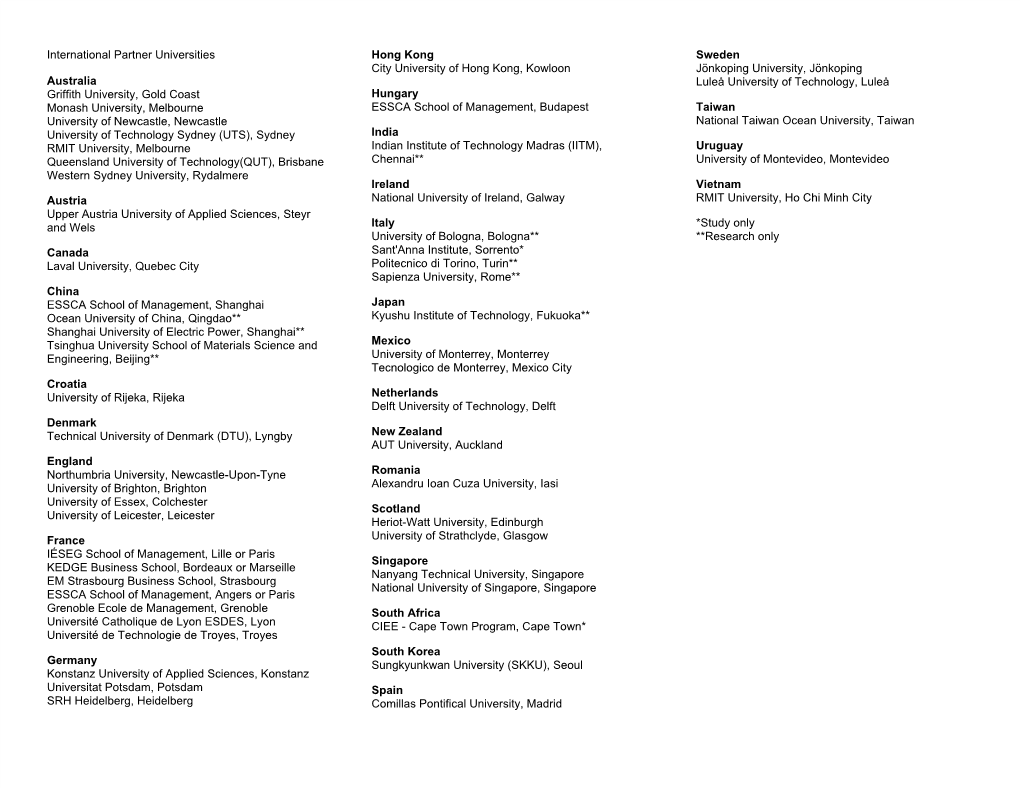 International Partner Universities Australia Griffith University, Gold Coast Monash University, Melbourne University of Newcastl