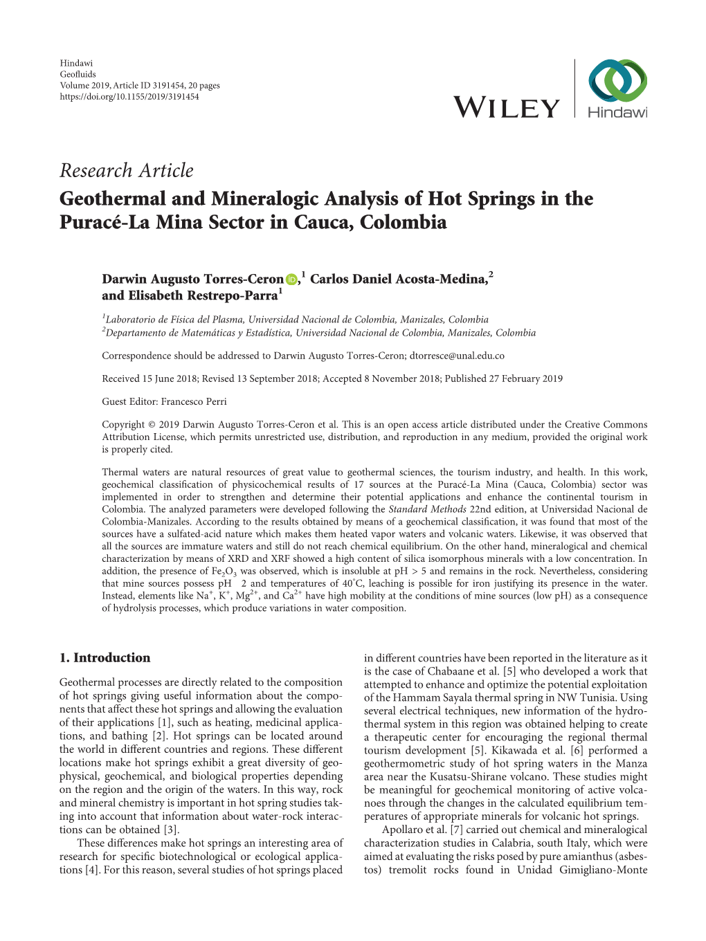 Geothermal and Mineralogic Analysis of Hot Springs in the Puracé-La Mina Sector in Cauca, Colombia