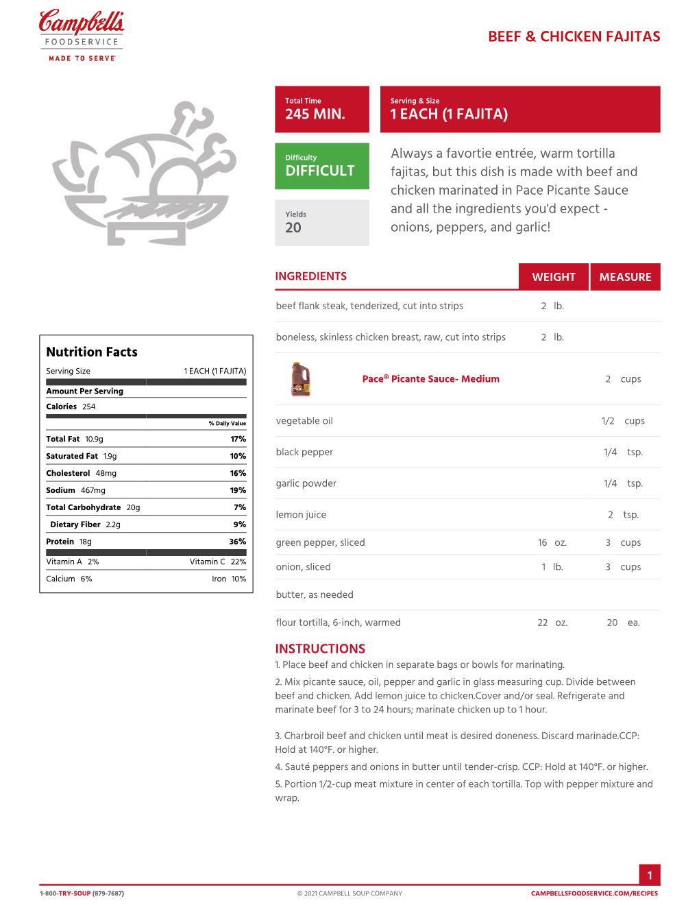 245 Min. Difficult 20 1 Each (1 Fajita) Beef & Chicken Fajitas