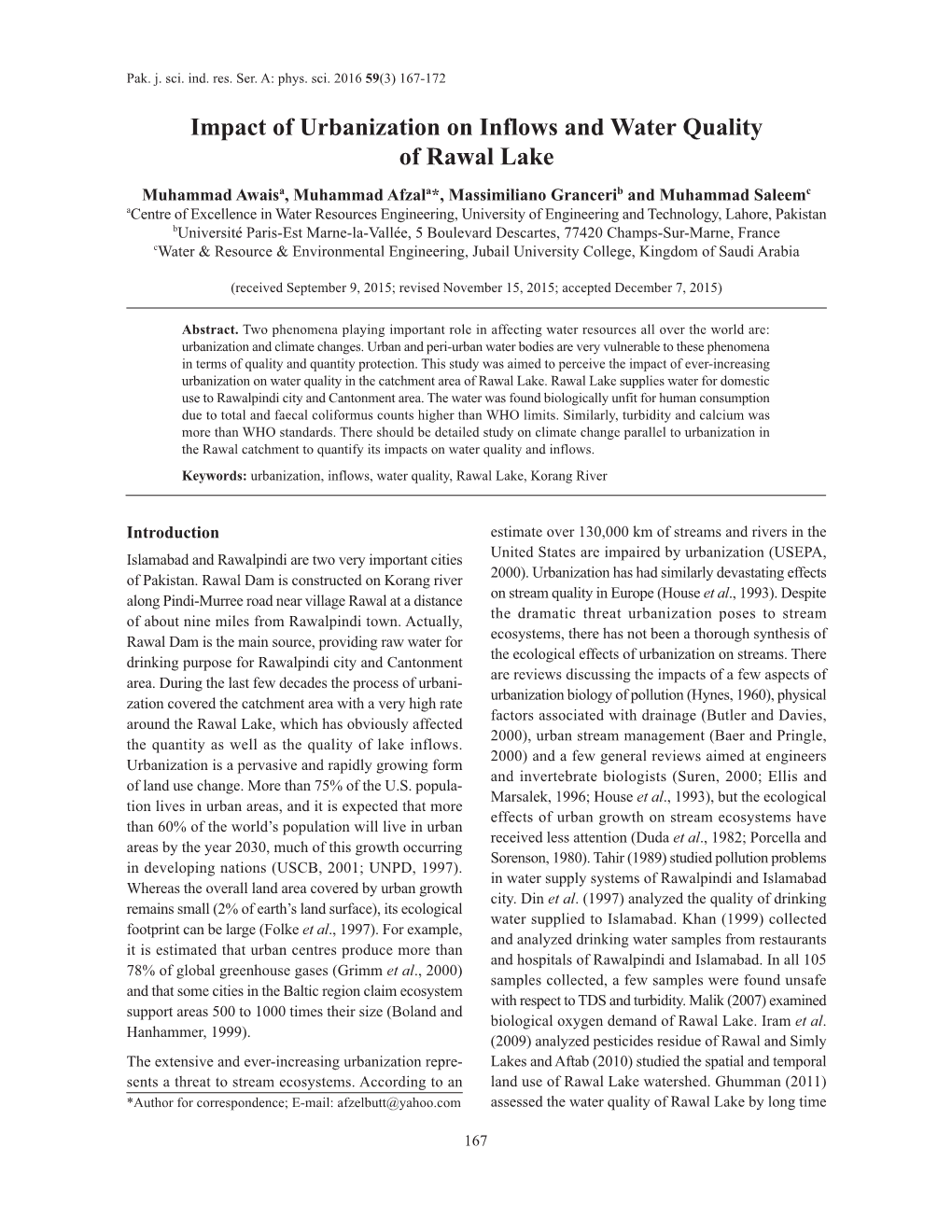 Impact of Urbanization on Inflows and Water Quality of Rawal Lake