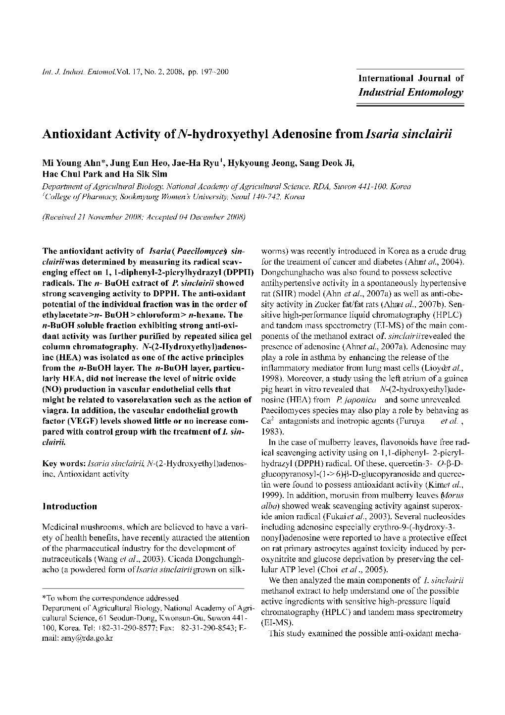 Antioxidant Activity of N-Hydroxyethyl Adenosine from Isaria Sinclairii
