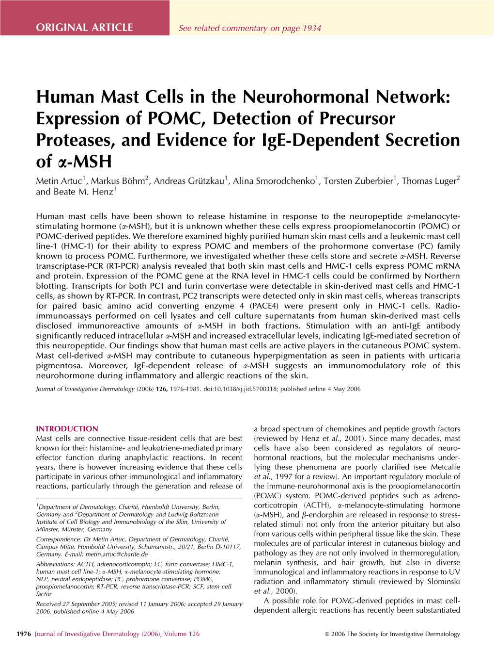 Expression of POMC, Detection of Precursor Proteases, and Evidence