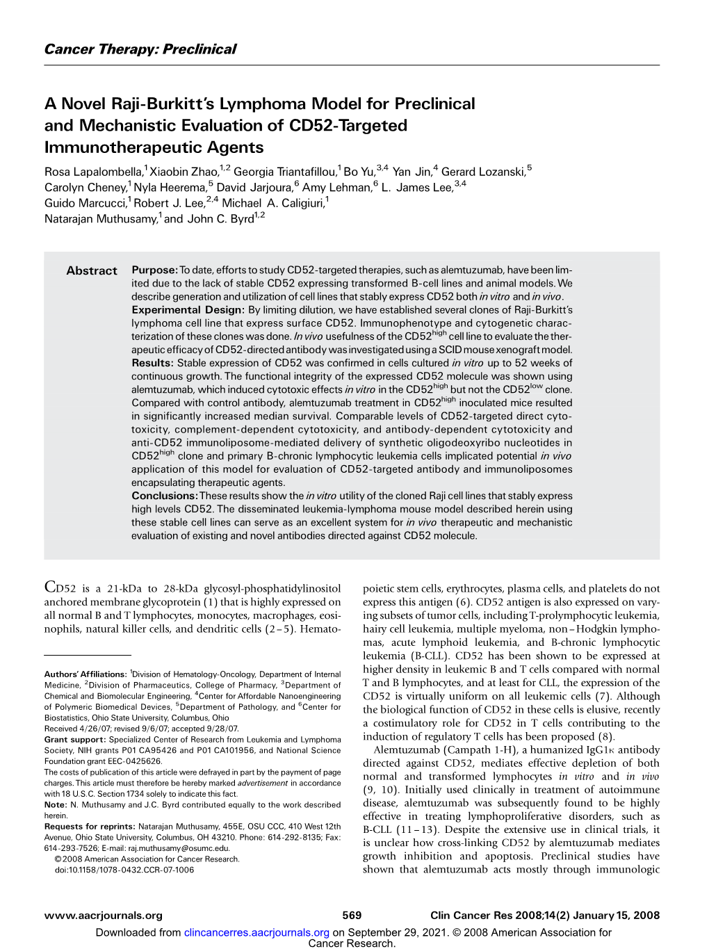 A Novel Raji-Burkitt's Lymphoma Model for Preclinical and Mechanistic Evaluation of CD52-Targeted Immunotherapeutic Agents