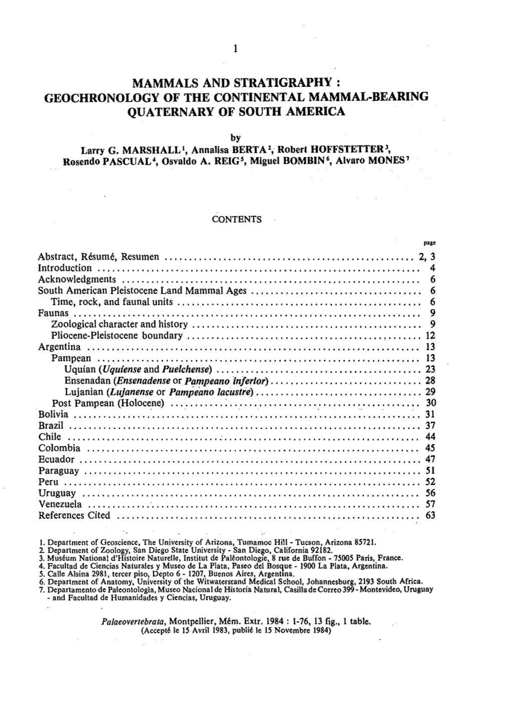 Mammals and Stratigraphy : Geochronology of the Continental Mammal·Bearing Quaternary of South America