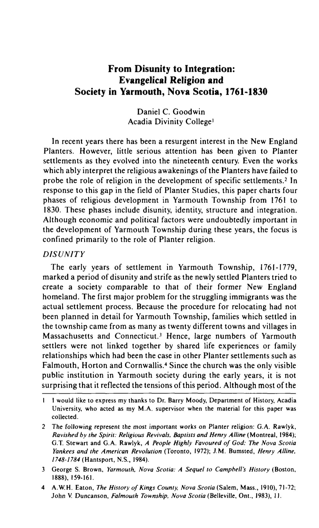 Evangelical Religion and Society in Yarmouth, Nova Scotia, 1761-1830