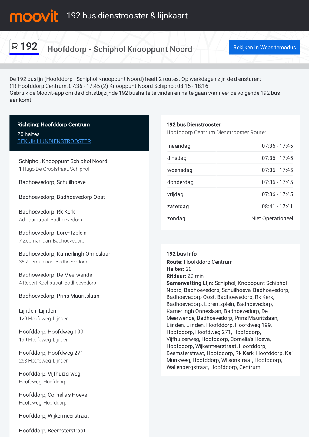 192 Bus Dienstrooster & Lijnroutekaart