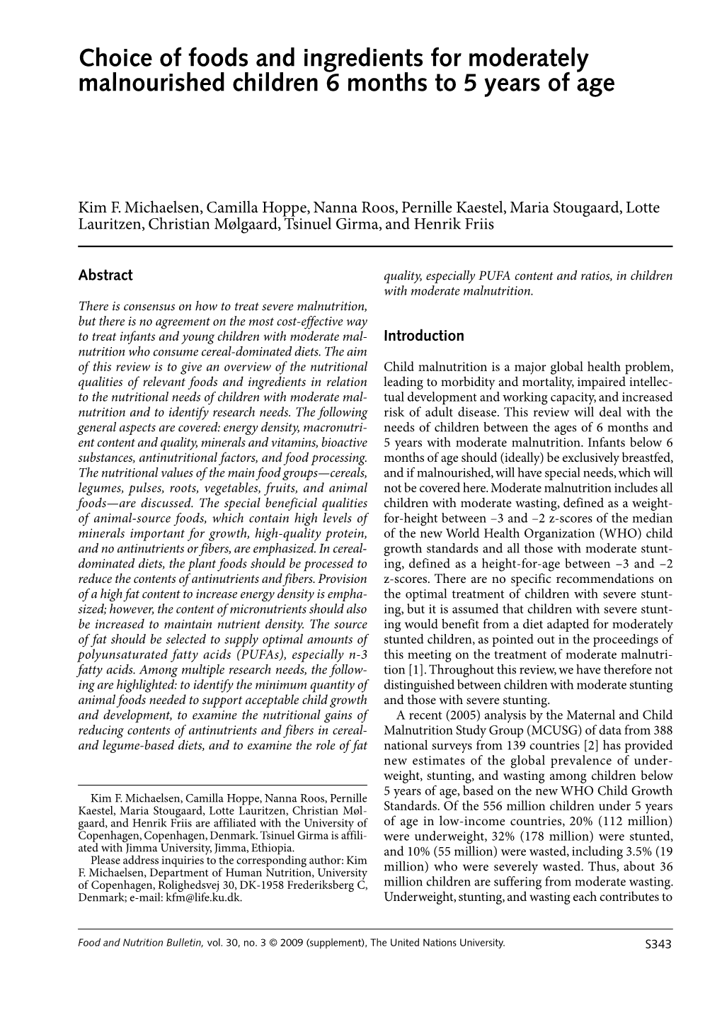 Choice of Foods and Ingredients for Moderately Malnourished Children 6 Months to 5 Years of Age