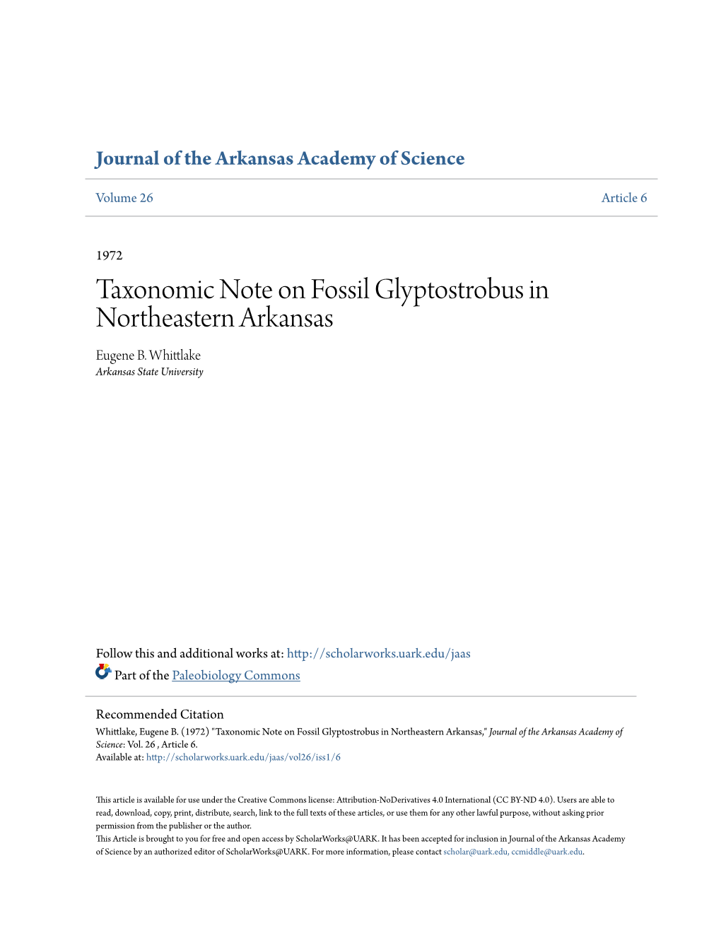 Taxonomic Note on Fossil Glyptostrobus in Northeastern Arkansas Eugene B