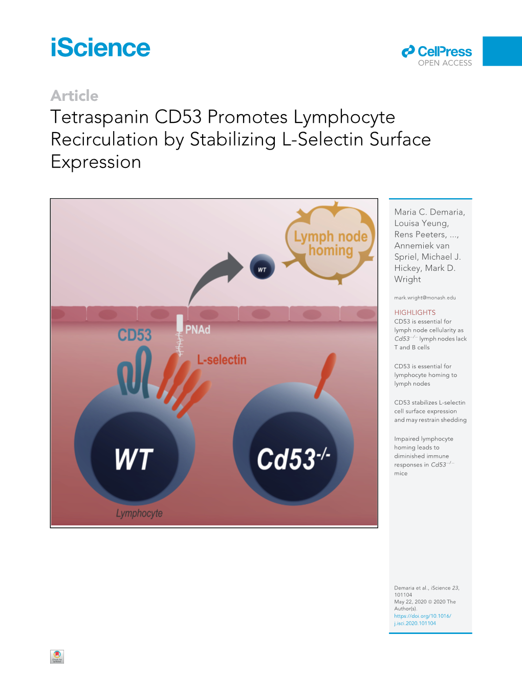 Tetraspanin CD53 Promotes Lymphocyte Recirculation by Stabilizing L-Selectin Surface Expression