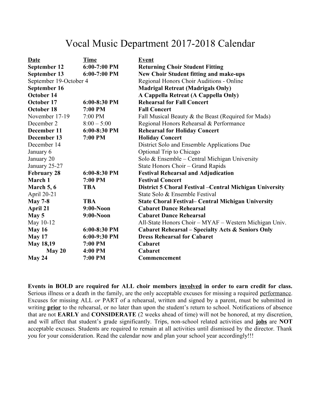 Vocal Music Department 2008-2009 Schedule