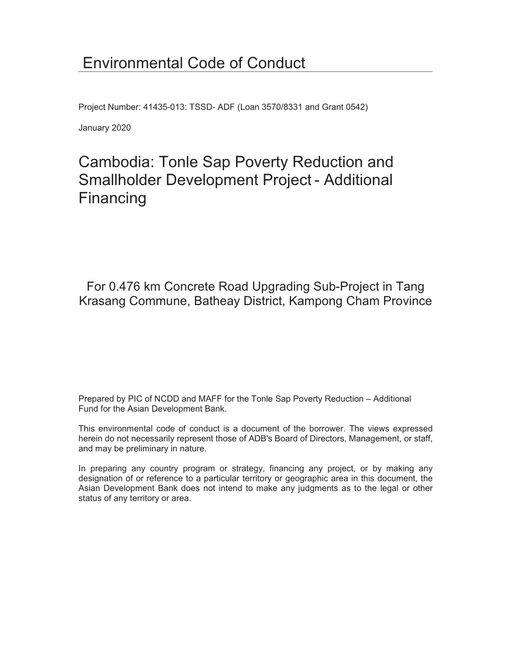 Tonle Sap Poverty Reduction and Smallholder Development Project - Additional Financing