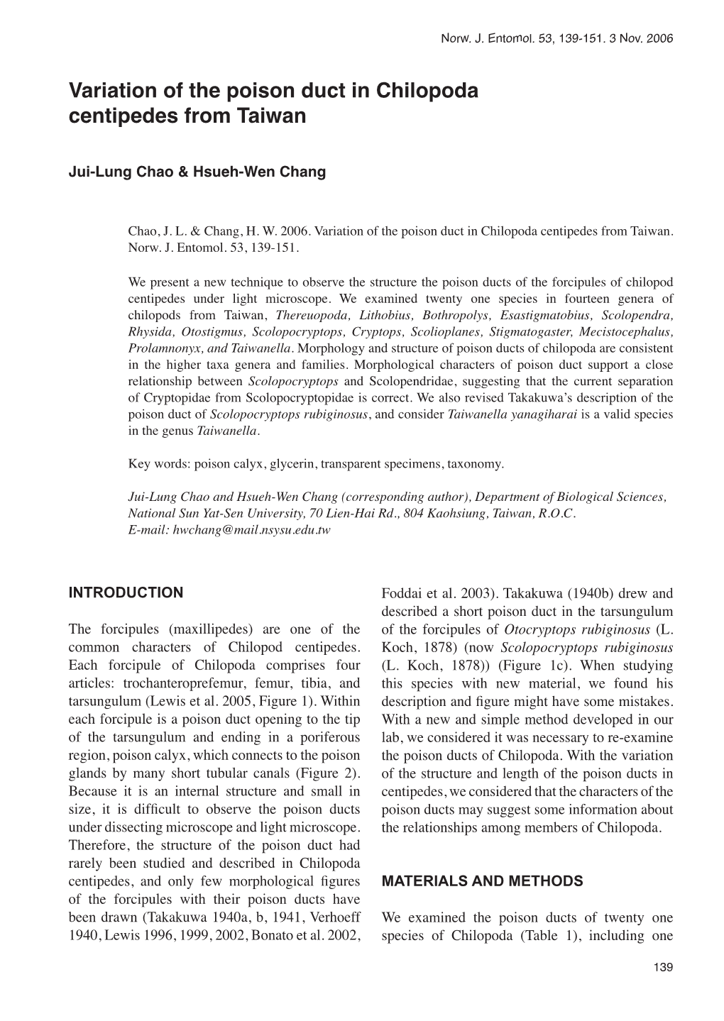 Variation of the Poison Duct in Chilopoda Centipedes from Taiwan