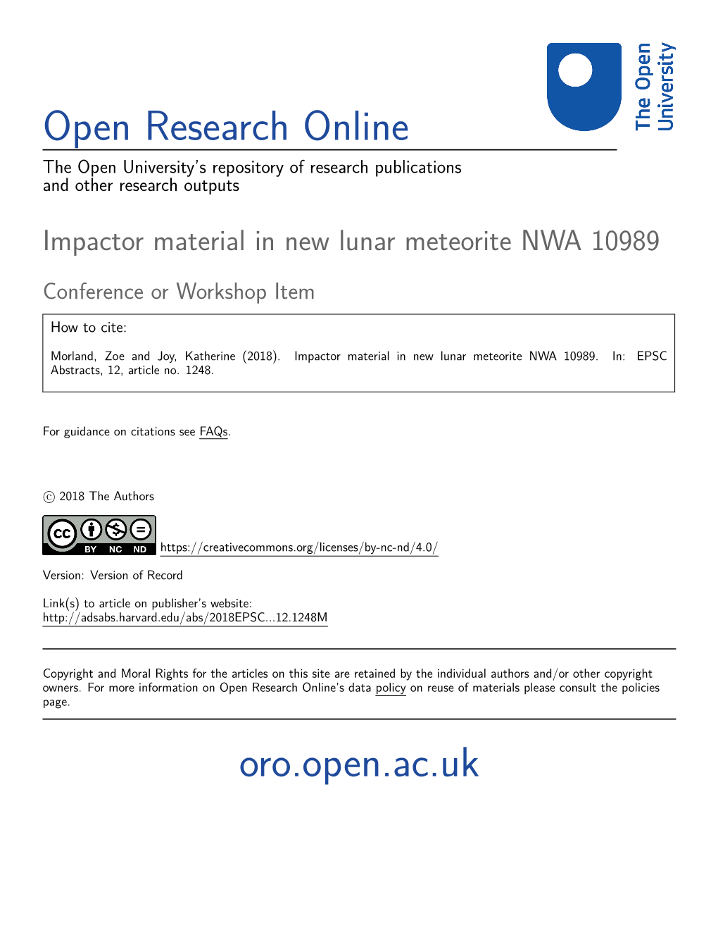 Impactor Material in New Lunar Meteorite NWA 10989