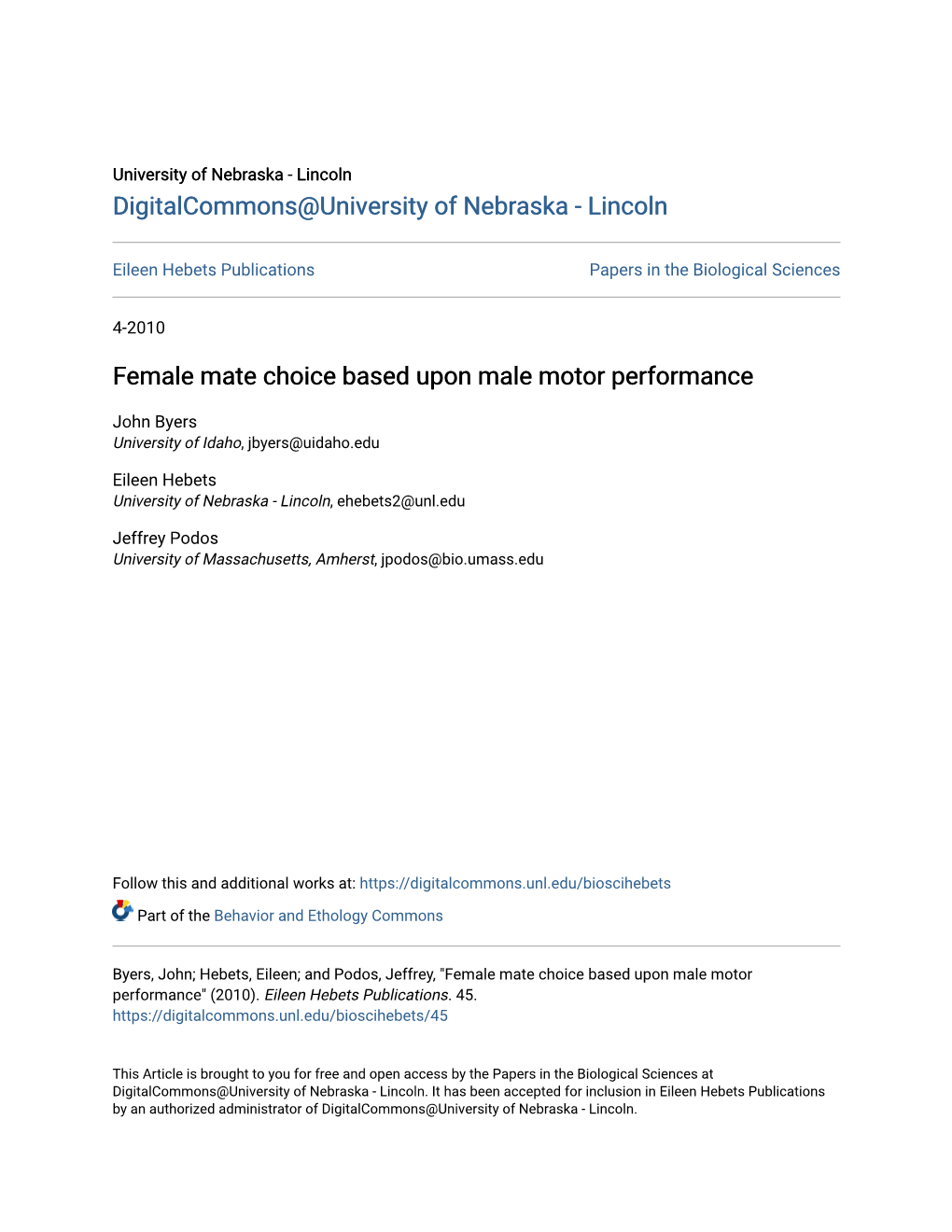 Female Mate Choice Based Upon Male Motor Performance