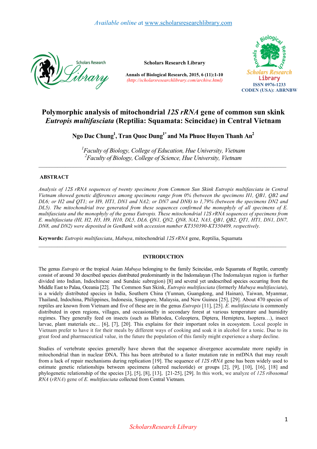 Polymorphic Analysis of Mitochondrial 12S Rrna Gene of Common Sun Skink Eutropis Multifasciata (Reptilia: Squamata: Scincidae) in Central Vietnam