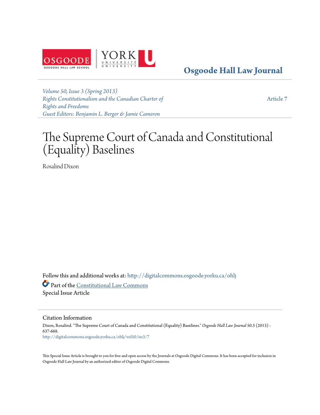 The Supreme Court of Canada and Constitutional (Equality) Baselines