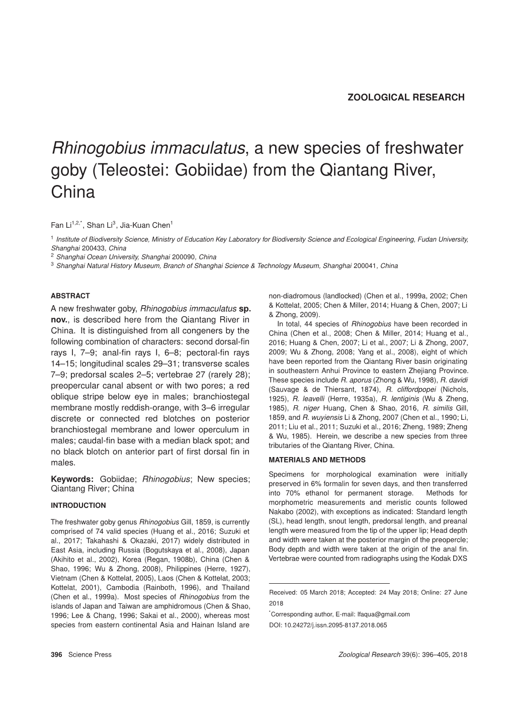 Rhinogobius Immaculatus, a New Species of Freshwater Goby (Teleostei: Gobiidae) from the Qiantang River, China