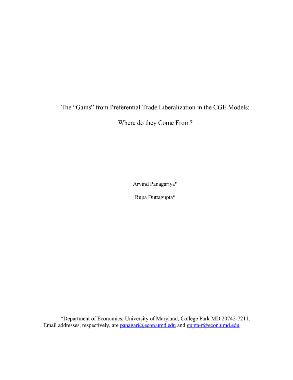 The Gains from Preferential Trade Liberalization in the CGE Models