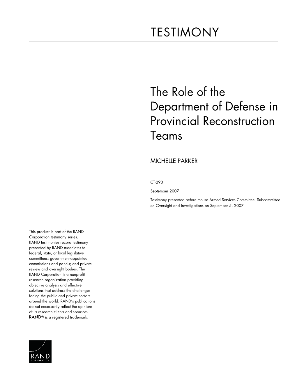 The Role of the Department of Defense in Provincial Reconstruction Teams