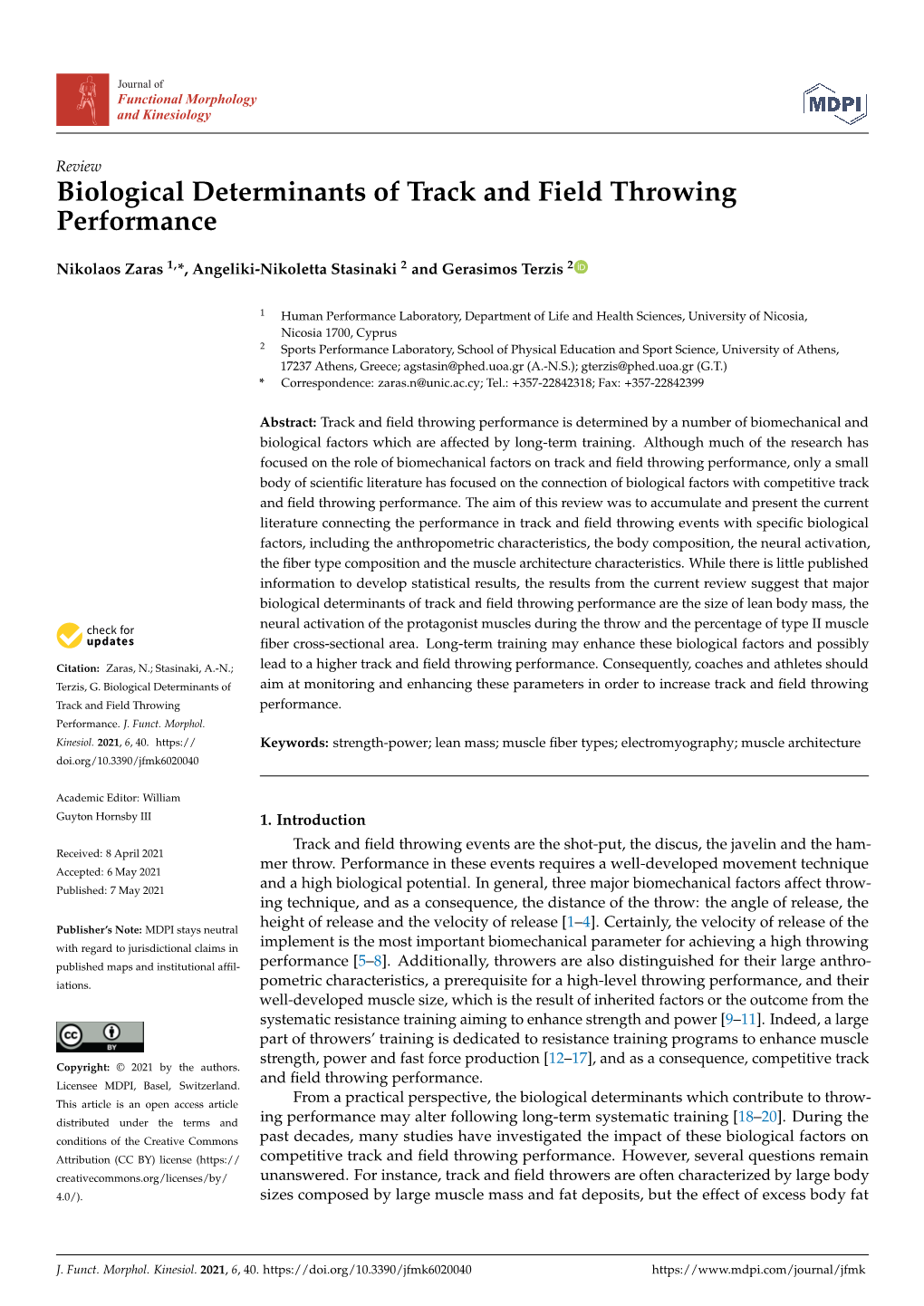 Biological Determinants of Track and Field Throwing Performance