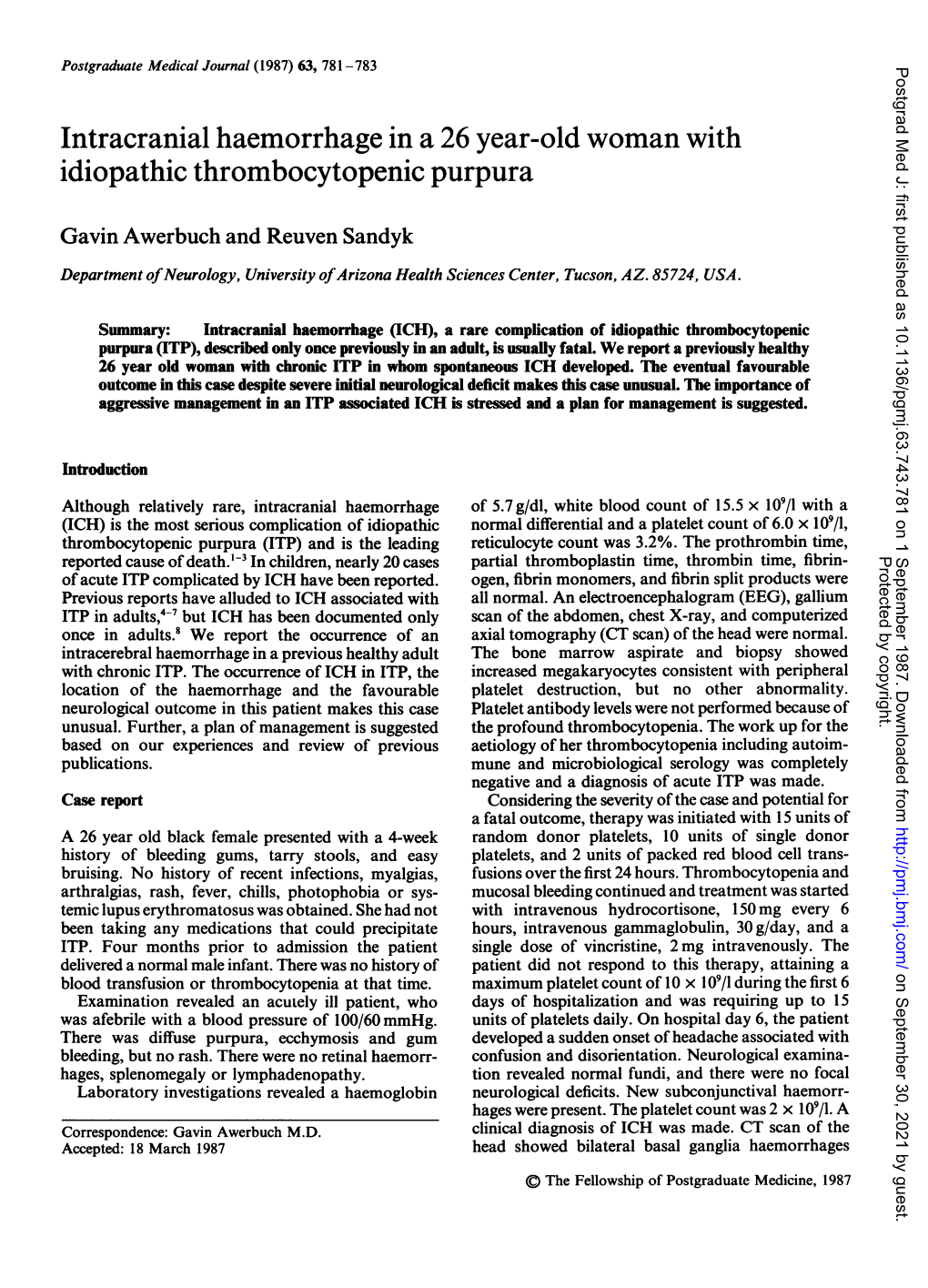 Intracranial Haemorrhage in a 26 Year-Old Woman with Idiopathic Thrombocytopenic Purpura