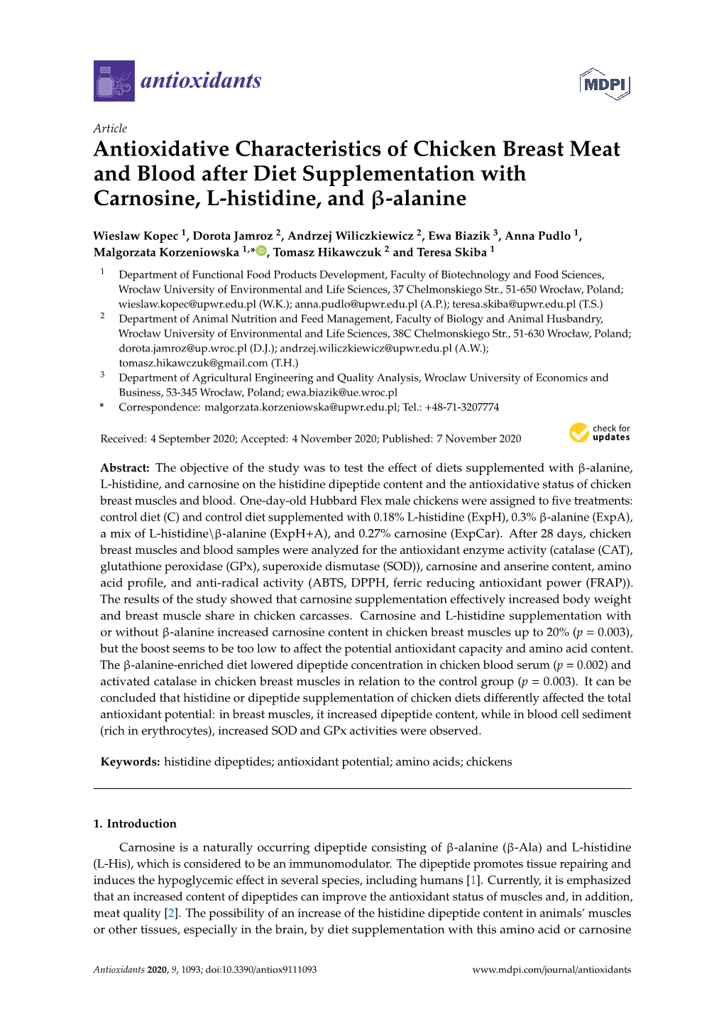 Antioxidative Characteristics of Chicken Breast Meat and Blood After Diet Supplementation with Carnosine, L-Histidine, and Β-Alanine