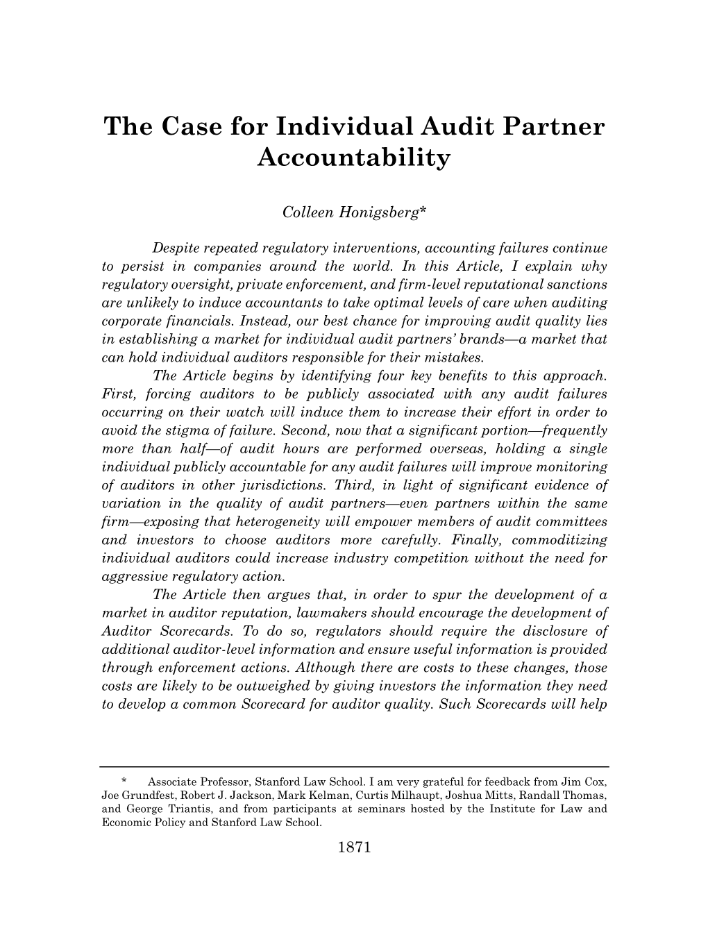 The Case for Individual Audit Partner Accountability