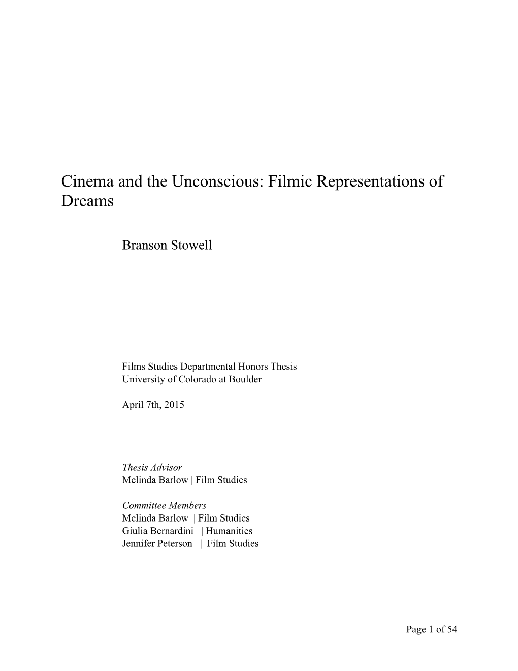 Cinema and the Unconscious: Filmic Representations of Dreams