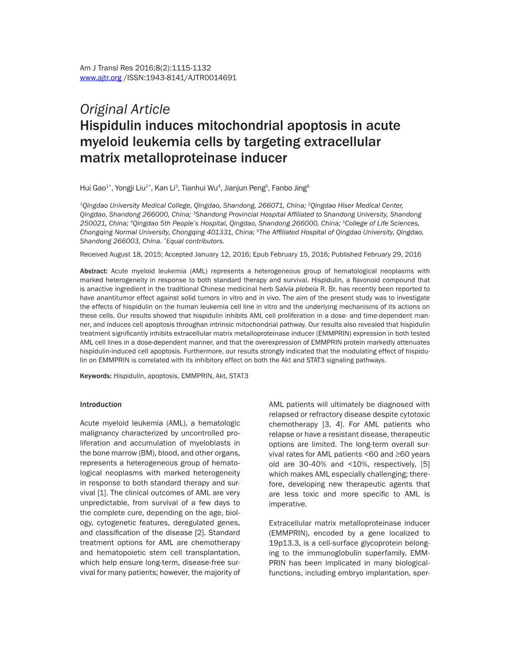 Original Article Hispidulin Induces Mitochondrial Apoptosis in Acute Myeloid Leukemia Cells by Targeting Extracellular Matrix Metalloproteinase Inducer