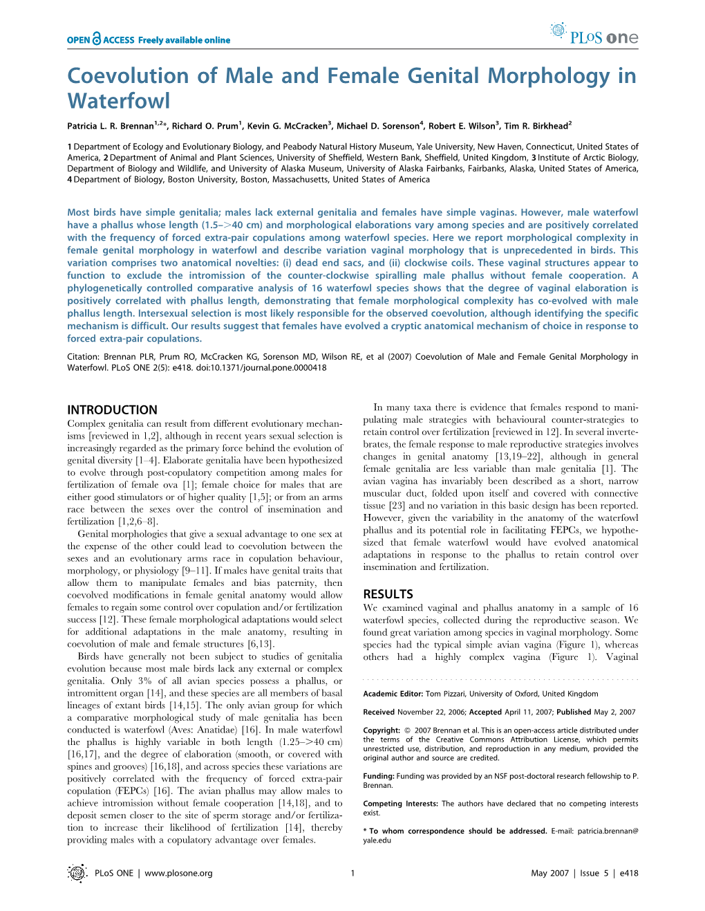 Coevolution of Male and Female Genital Morphology in Waterfowl Patricia L