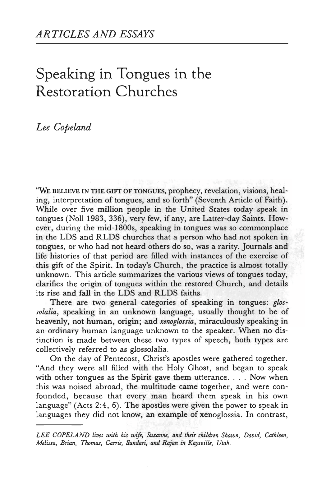 Speaking in Tongues in the Restoration Churches