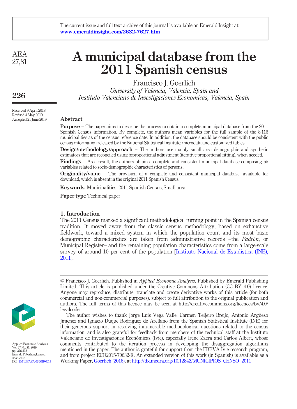 A Municipal Database from the 2011 Spanish Census Francisco J