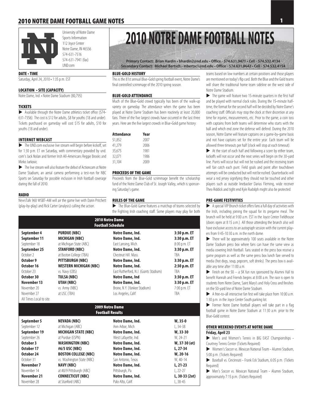 2010 Notre Dame Football Notes