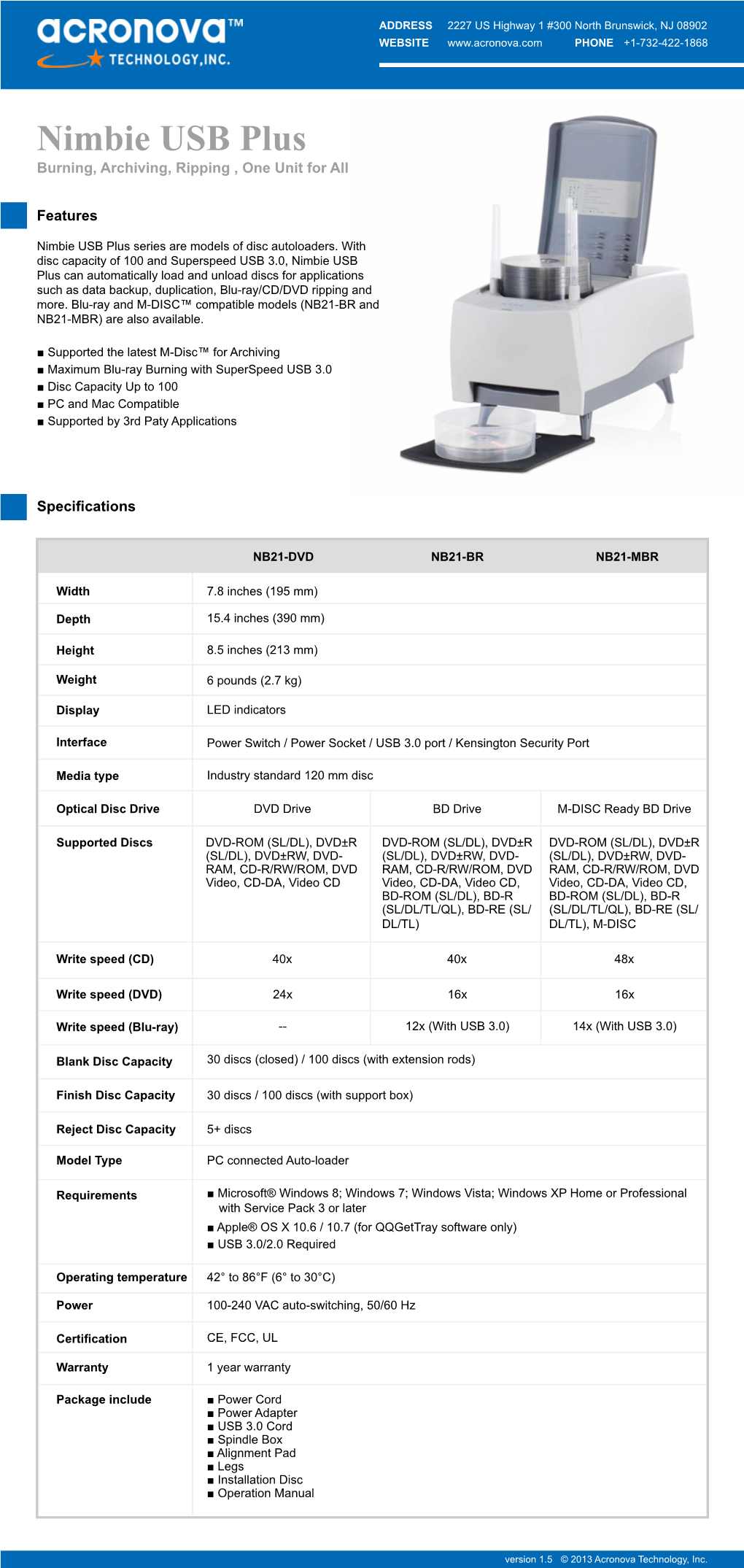 Acronova Nimbie USB Plus Data Sheet